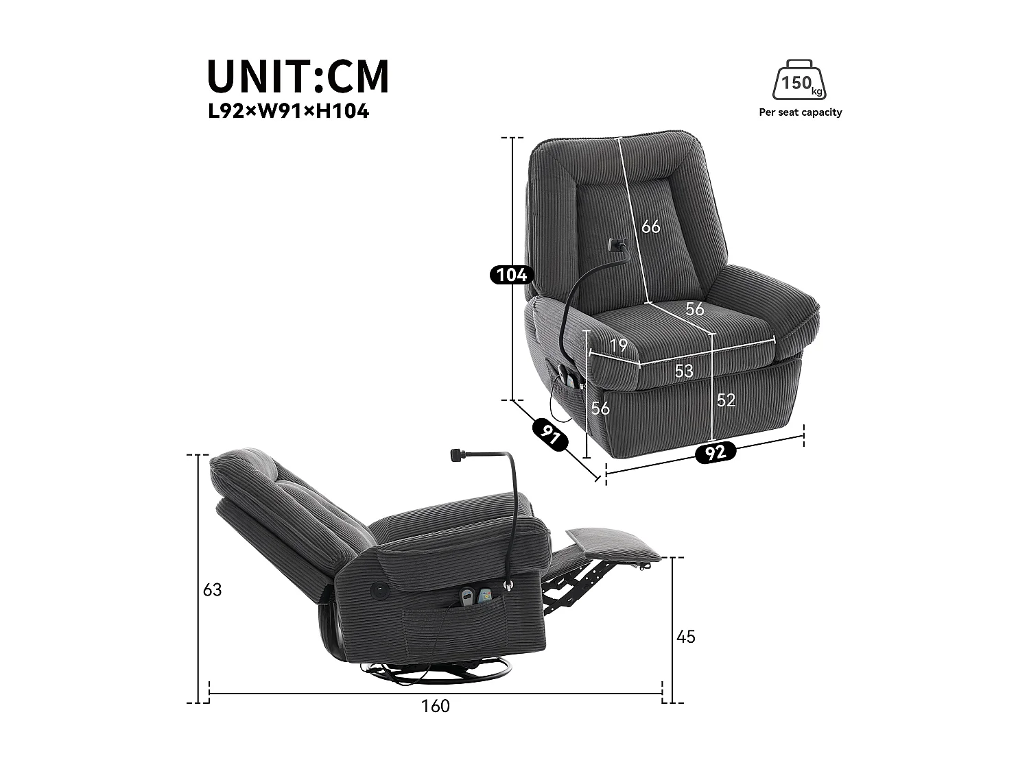 Fauteuil - avec fonctions de massage et de chauffage - rotation à 360° - avec support pour téléphone et port USB - gris