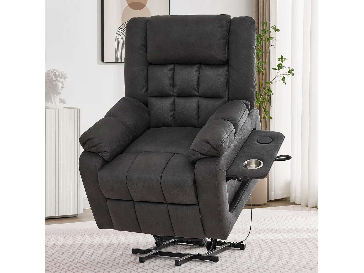 Poltrona - con funzione massaggio - con funzione riscaldante - con poggiapiedi - 2 tasche laterali + portabicchieri - porta USB - grigio