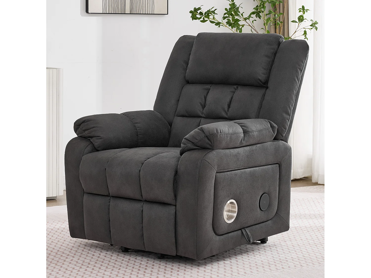 Poltrona - con funzione massaggio - con funzione riscaldante - con poggiapiedi - 2 tasche laterali + portabicchieri - porta USB - grigio