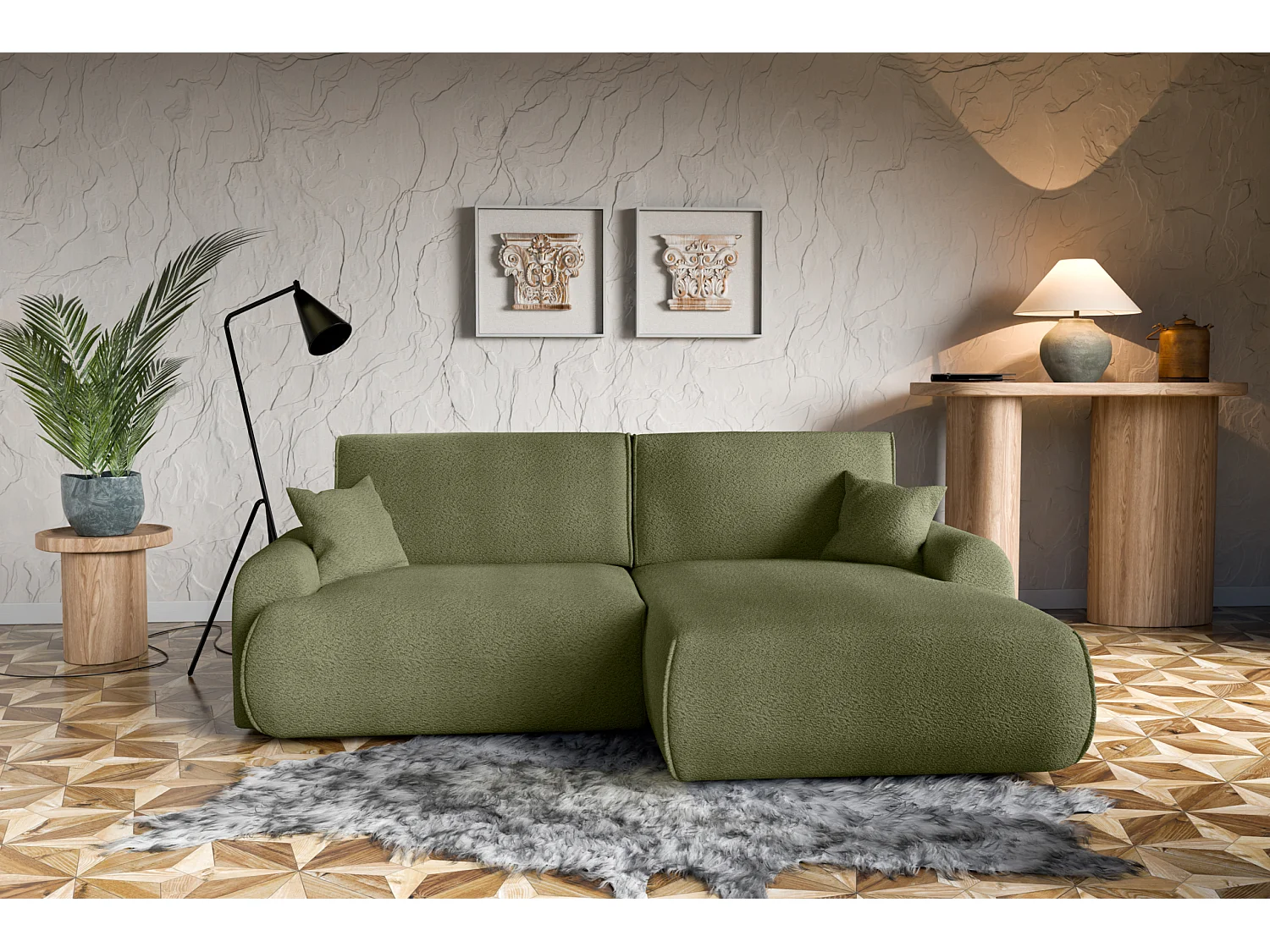 Divano angolare destro Noboo con funzione letto e vano contenitore in bouclé verde scuro – direttamente dal produttore, consegna e installazione gratuite!