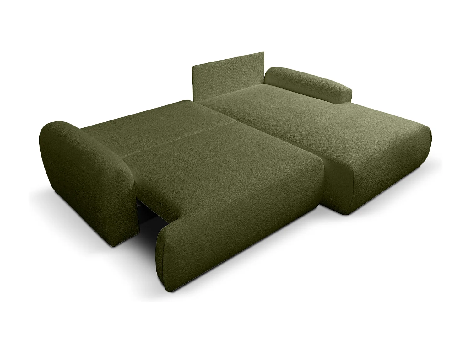 Divano angolare destro Noboo con funzione letto e vano contenitore in bouclé verde scuro – direttamente dal produttore, consegna e installazione gratuite!