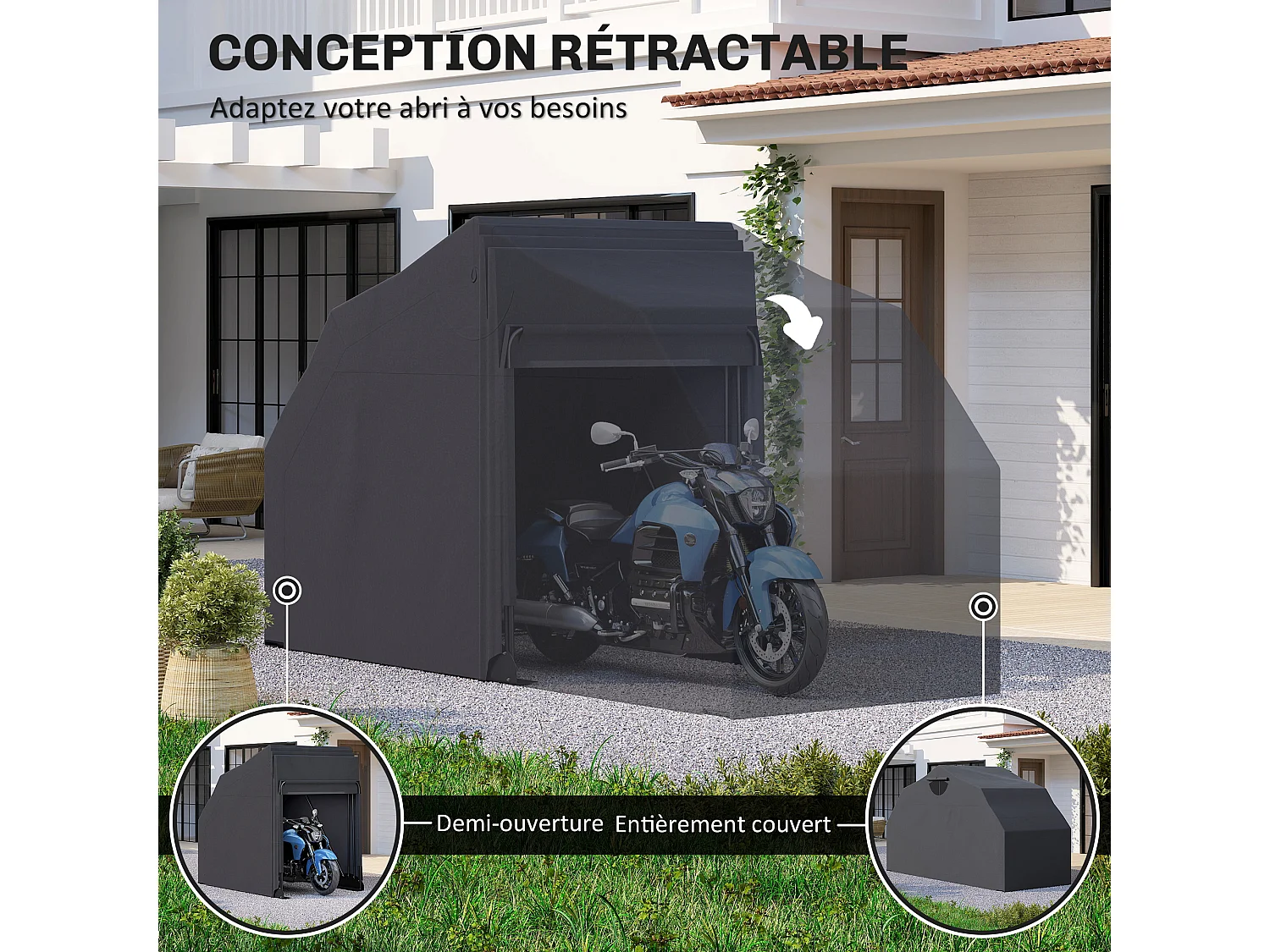 Abri moto extérieur pliable housse imperméable 3 couches support métal 2 fenêtres enroulables noir