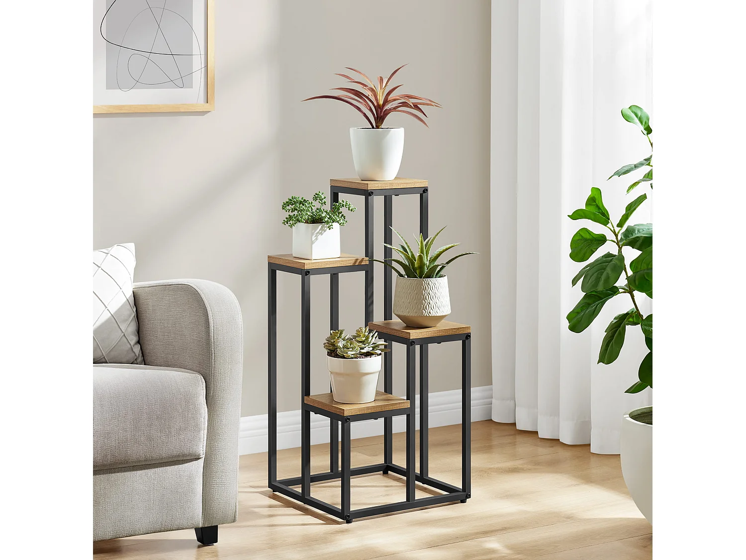 Support à fleurs Valora à 4 étagères, style industriel chêne noir, pour salon