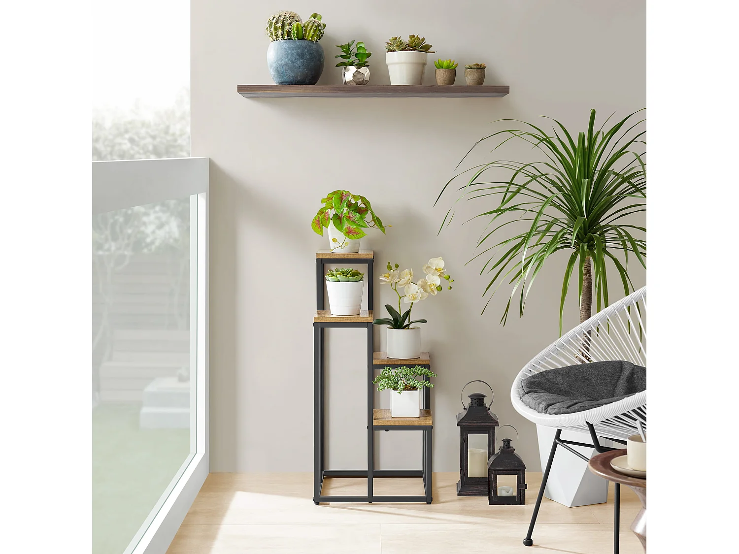 Support à fleurs Valora à 4 étagères, style industriel chêne noir, pour salon