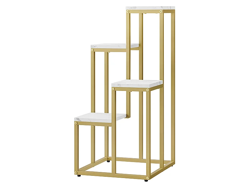 Support à fleurs Valora à 4 étagères, design moderne en acier doré et marbre.