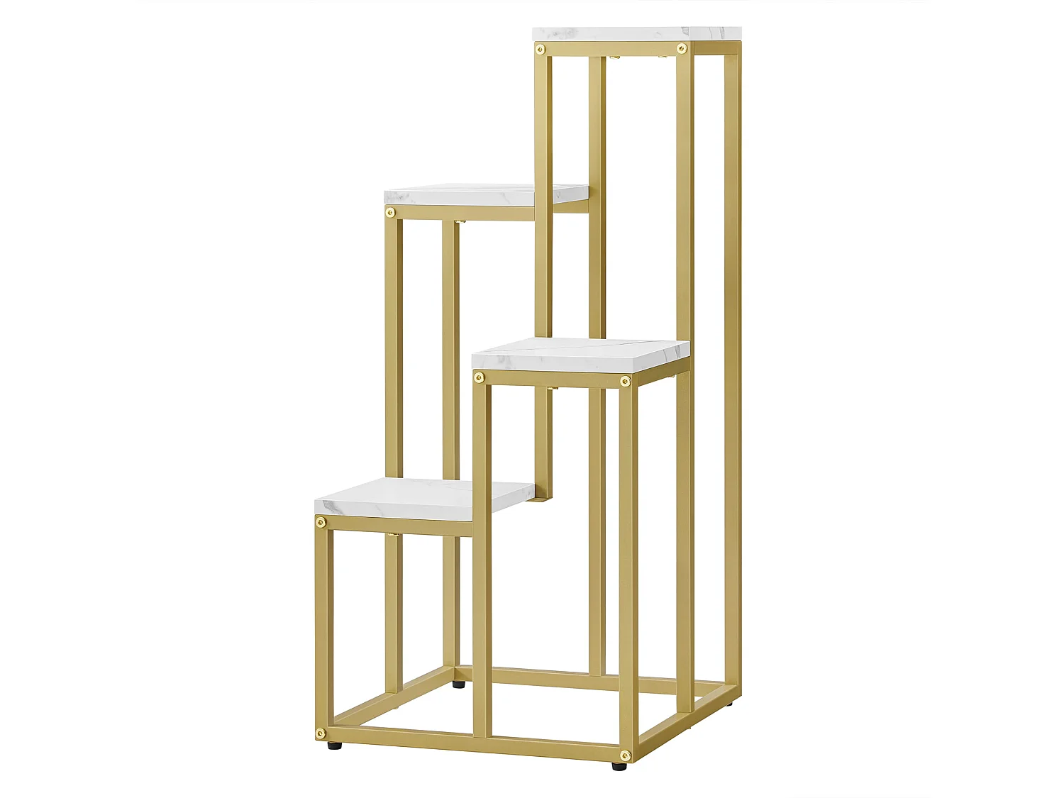 Support à fleurs Valora à 4 étagères, design moderne en acier doré et marbre.