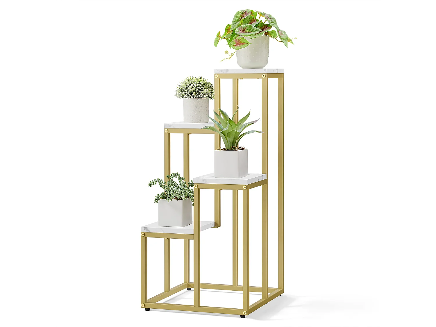 Support à fleurs Valora à 4 étagères, design moderne en acier doré et marbre.