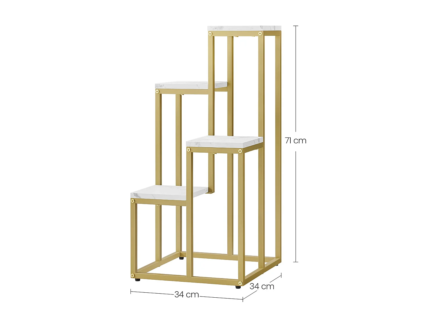 Support à fleurs Valora à 4 étagères, design moderne en acier doré et marbre.