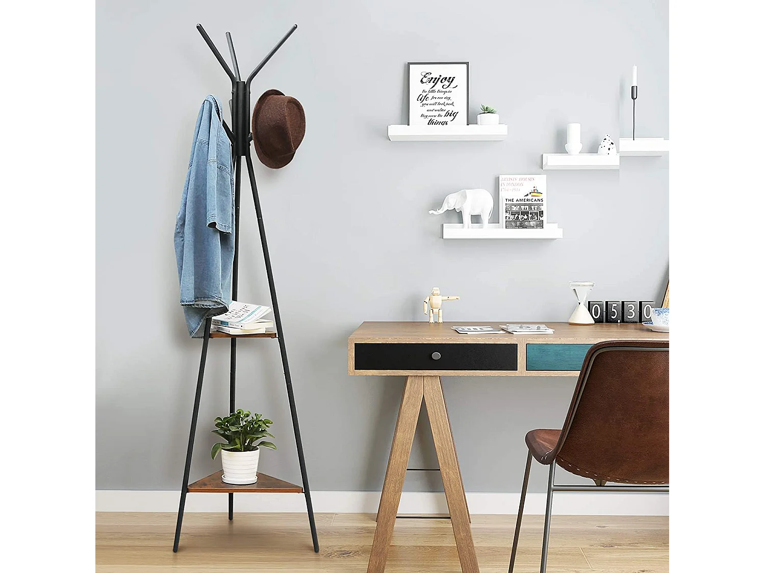 Porte-manteau sur pied Valora, en fer noir, gain de place, pour entrée