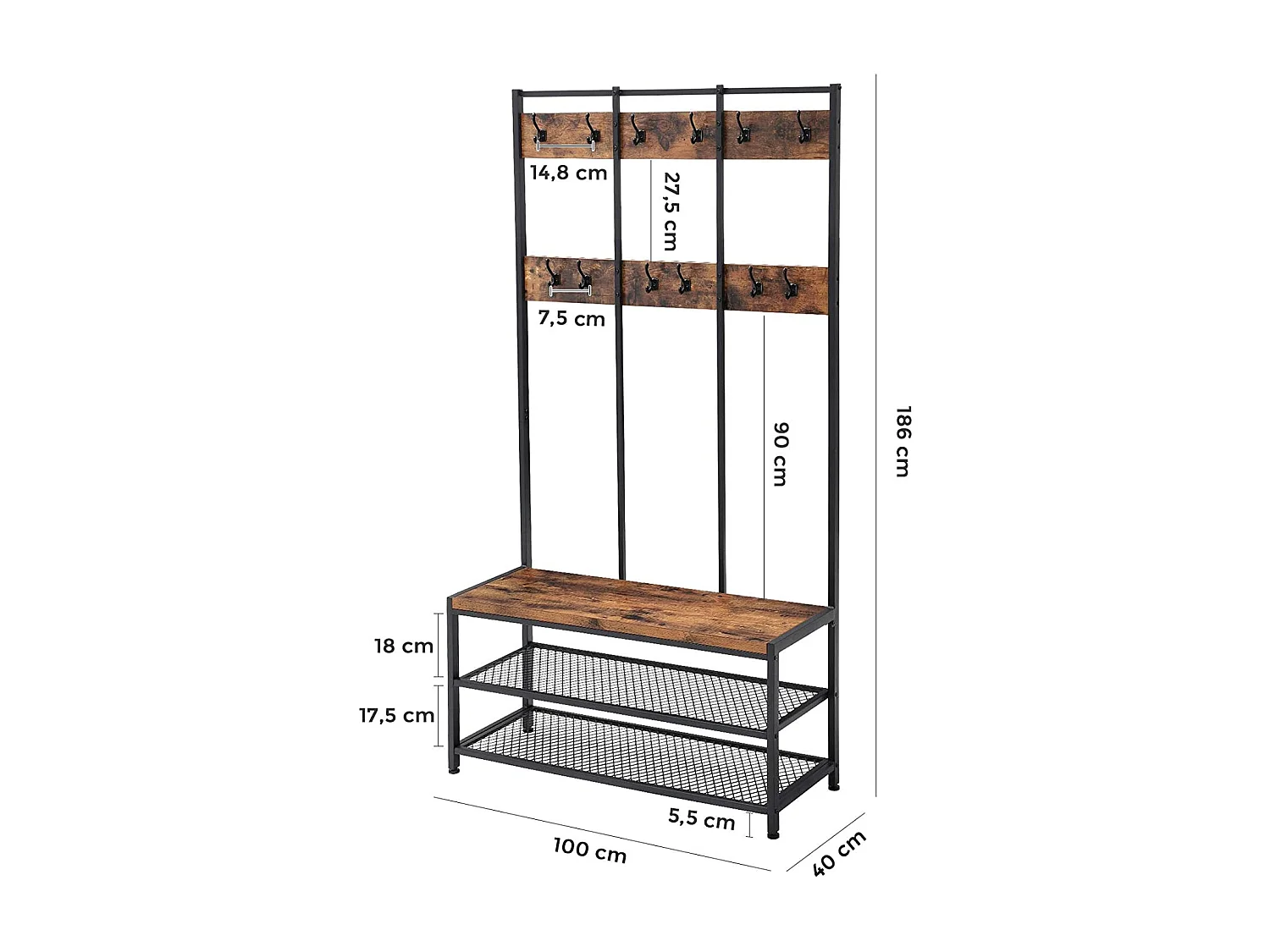 Porte-vêtements Valora HSR86BX, organisateur de couloir, métal marron rustique