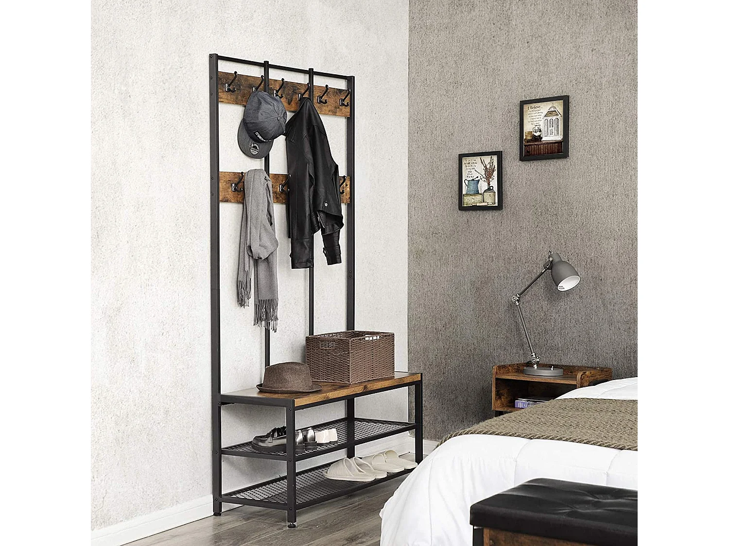 Porte-vêtements Valora HSR86BX, organisateur de couloir, métal marron rustique