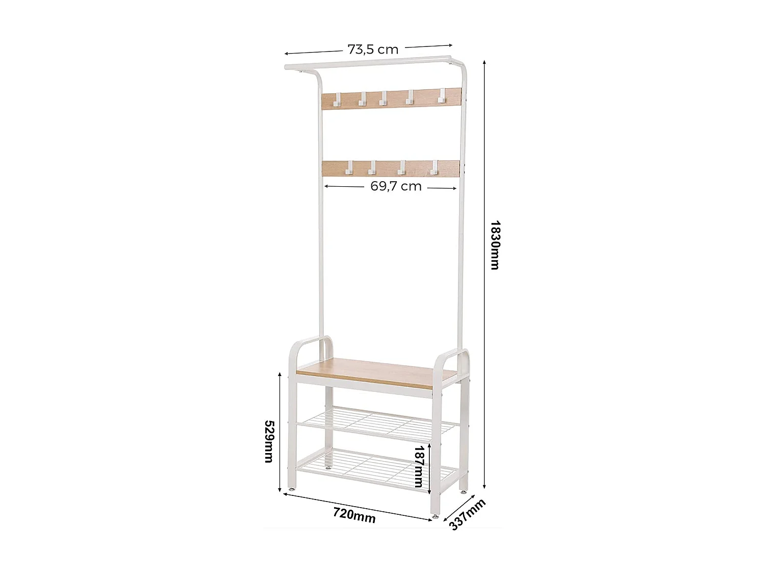 Porte-vêtements Valora avec siège et étagères à chaussures pour couloir