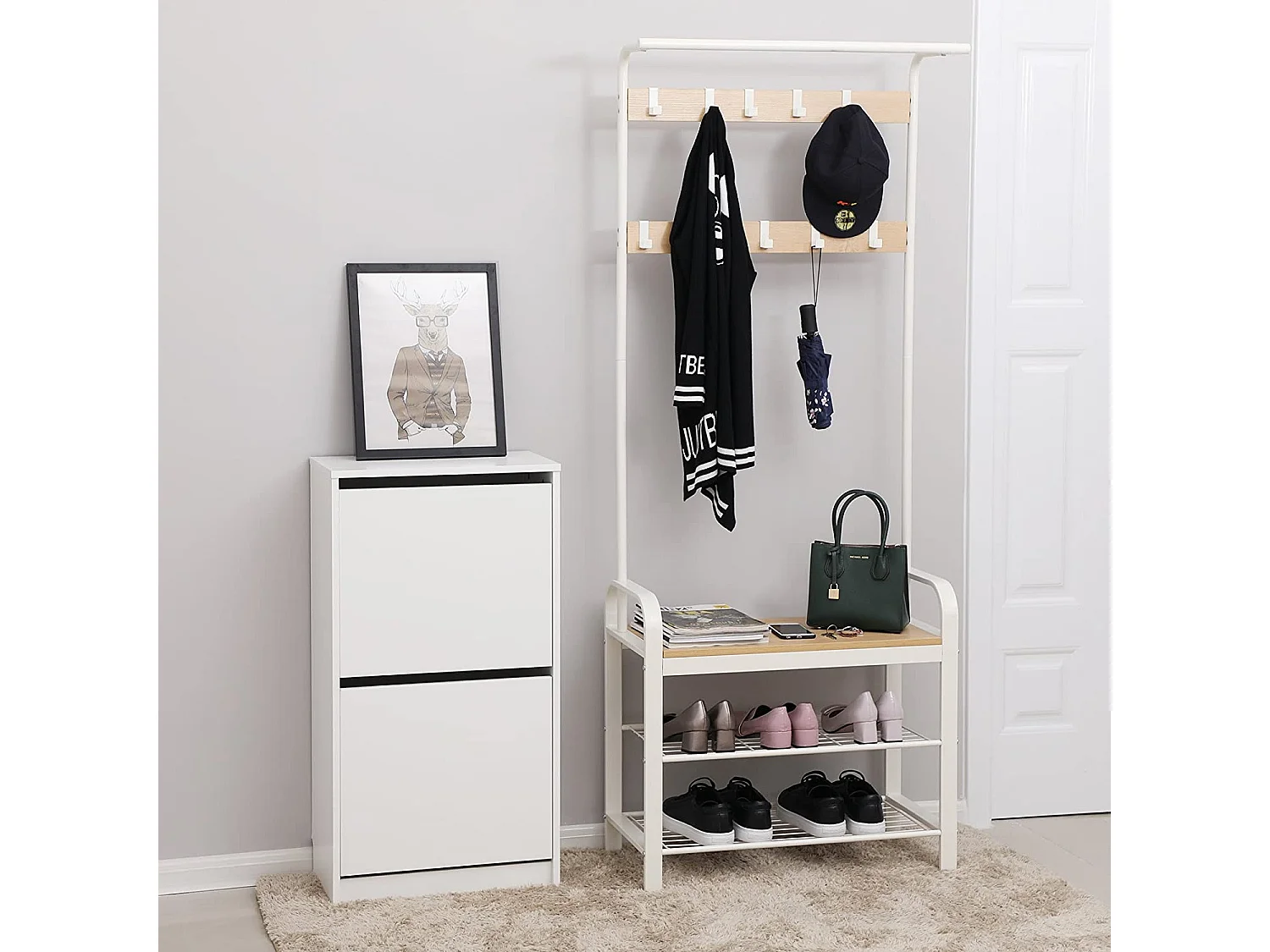 Porte-vêtements Valora avec siège et étagères à chaussures pour couloir