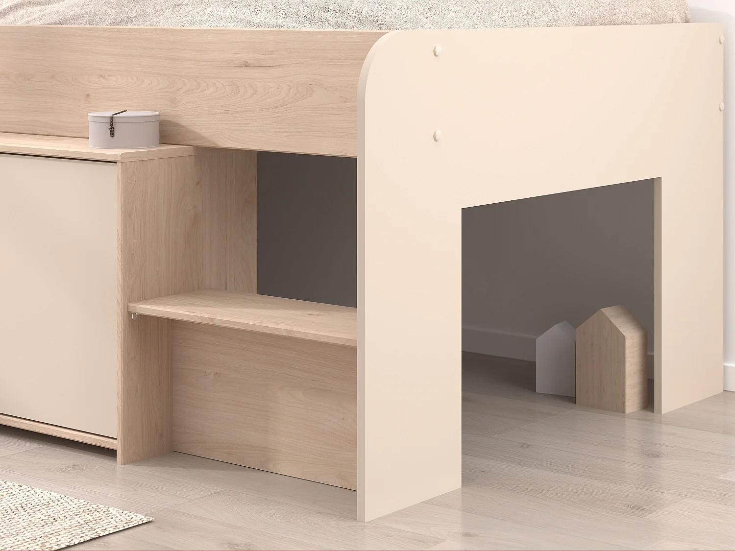 Lit mi-hauteur 90 x 190/200 cm avec rangements – Beige et naturel + Sommier - LUNOBI