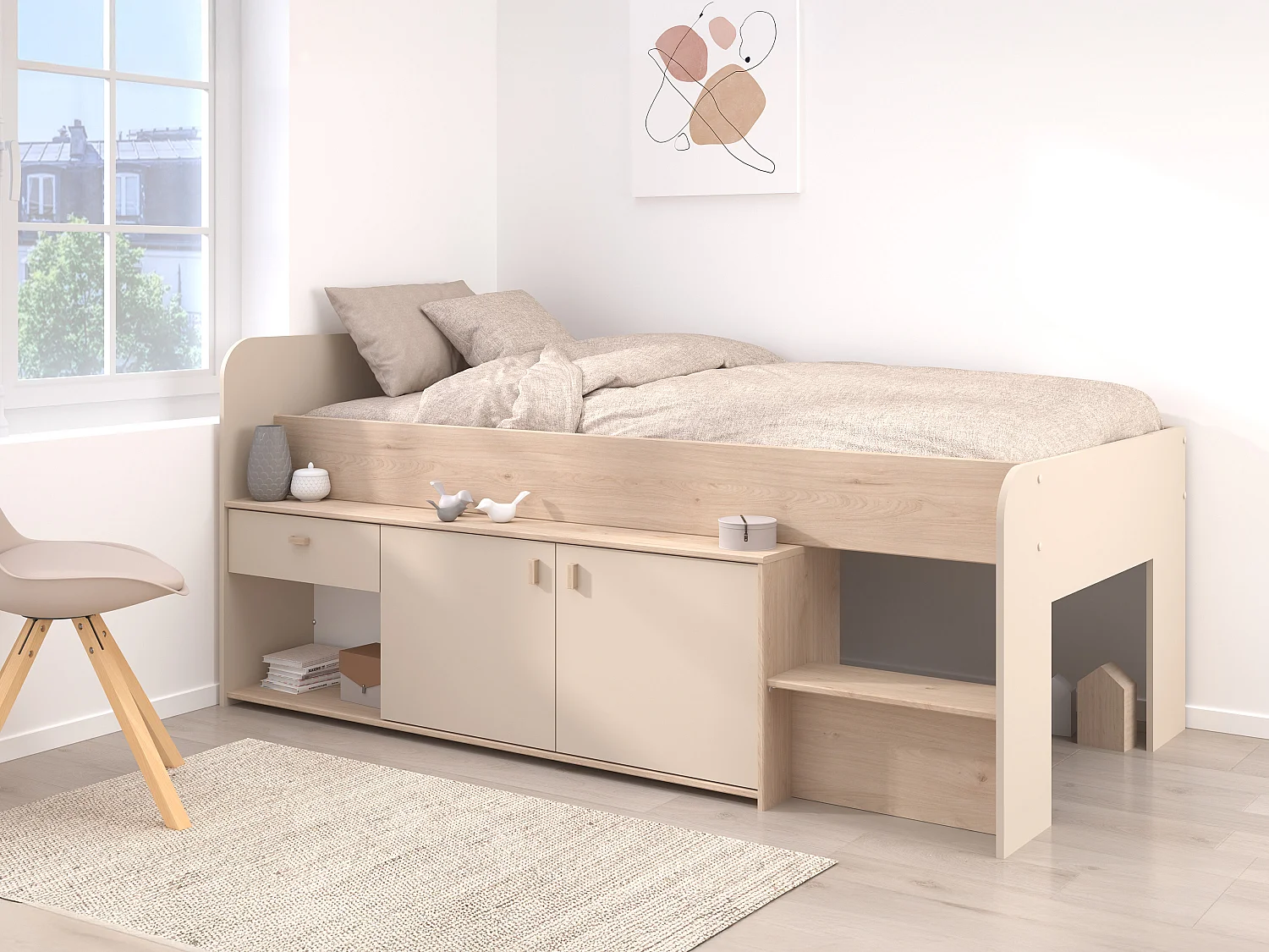 Lit mi-hauteur 90 x 190/200 cm avec rangements – Beige et naturel + Sommier - LUNOBI