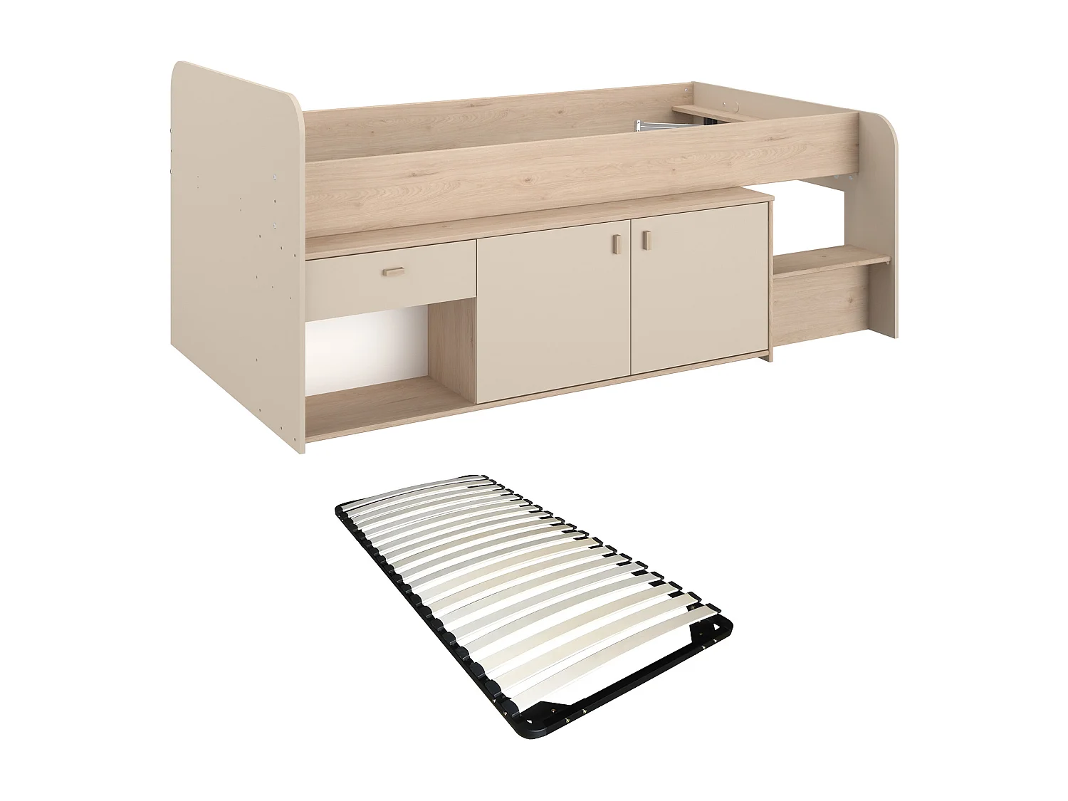 Lit mi-hauteur 90 x 190/200 cm avec rangements – Beige et naturel + Sommier - LUNOBI