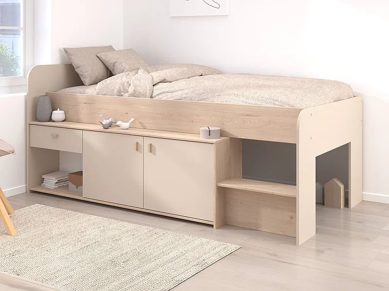 Letto mezza altezza 90 x 190/200 cm con contenitore – Beige e naturale + Rete - LUNOBI