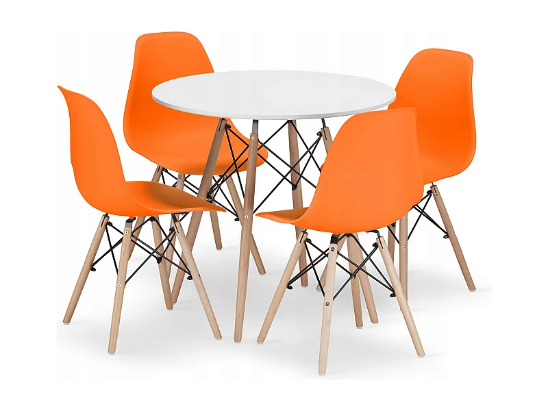 Valora KOVA 80 Tischset Moderner weißer runder Tisch + 4 orangefarbene Stühle