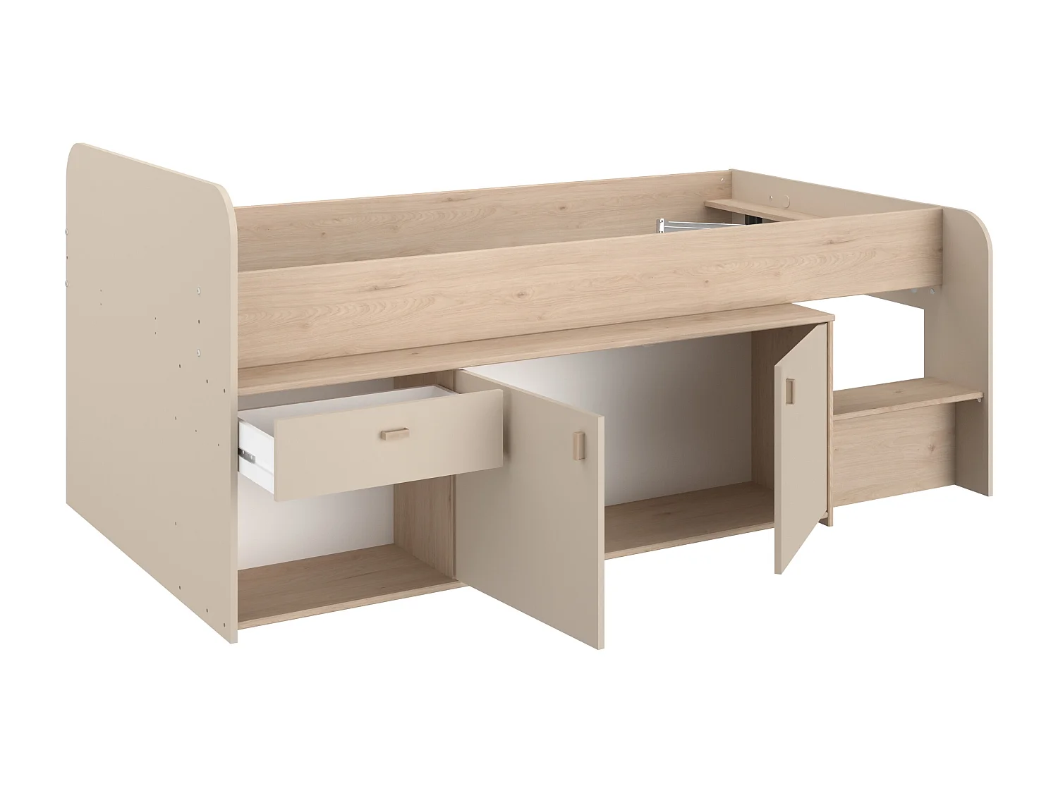 Lit mi-hauteur 90 x 190/200 cm avec rangements – Beige et naturel + Sommier + Matelas - LUNOBI