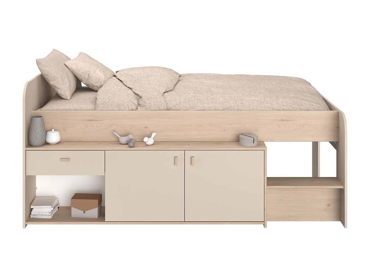 Lit mi-hauteur 90 x 190/200 cm avec rangements – Beige et naturel + Sommier + Matelas - LUNOBI