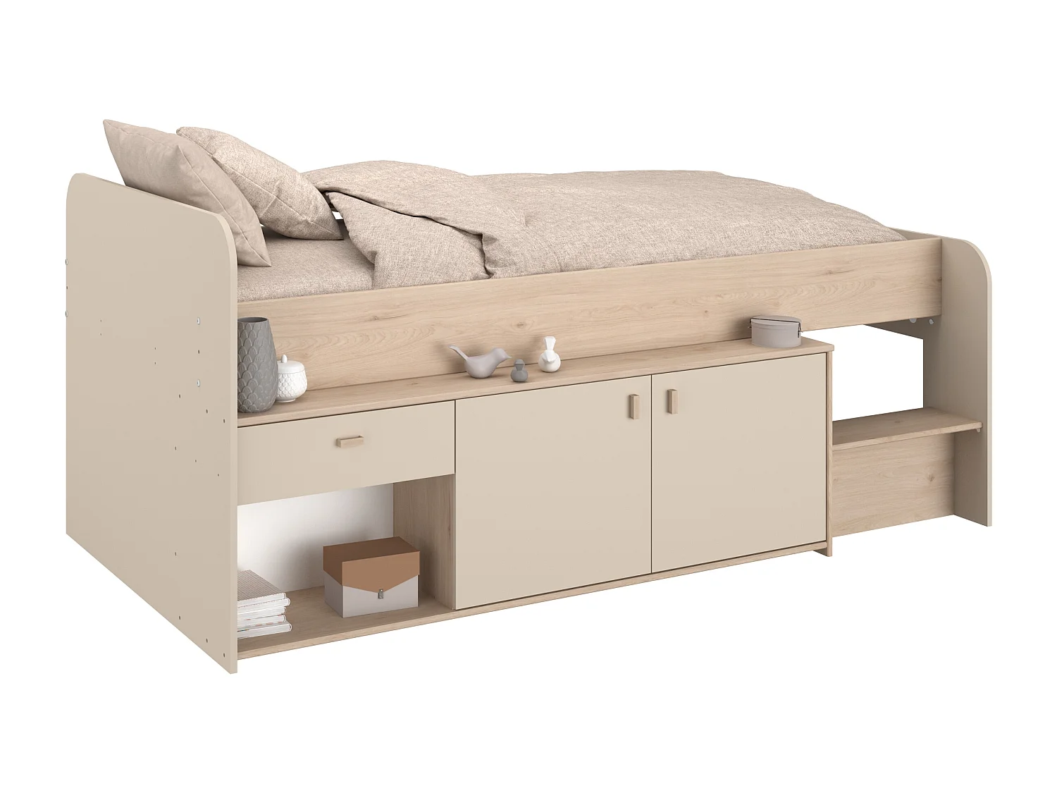 Lit mi-hauteur 90 x 190/200 cm avec rangements – Beige et naturel + Sommier + Matelas - LUNOBI