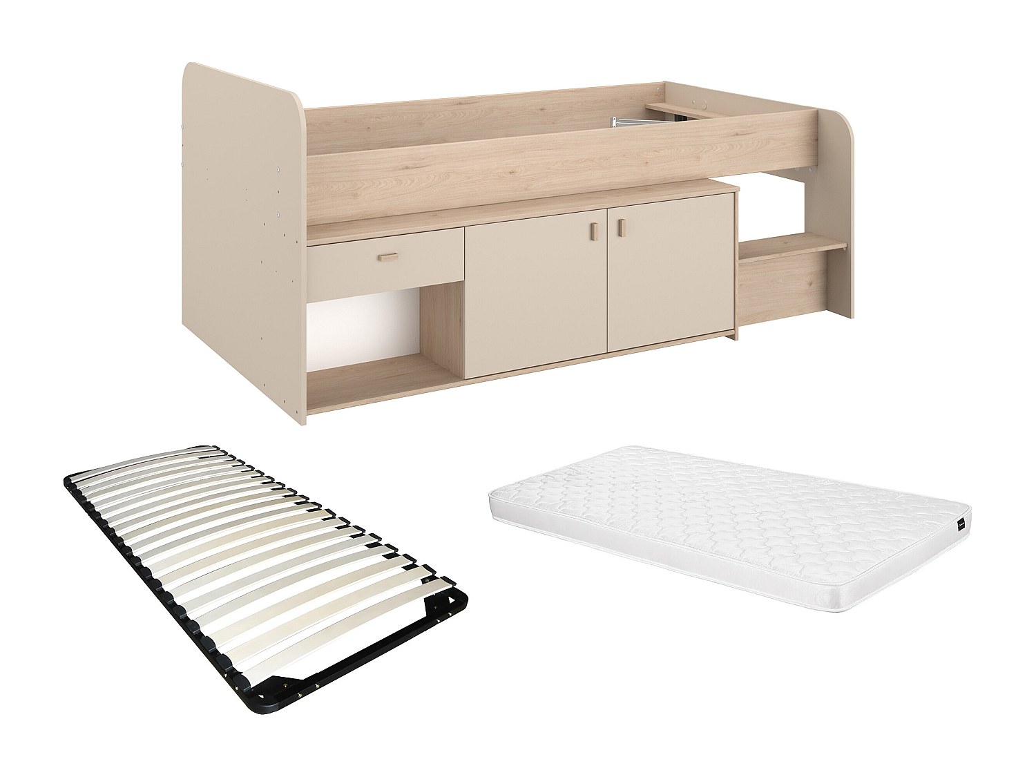 Hochbett 90 x 190/200 cm mit Stauraum – Beige & Natur + Lattenrost + Matrat günstig online kaufen