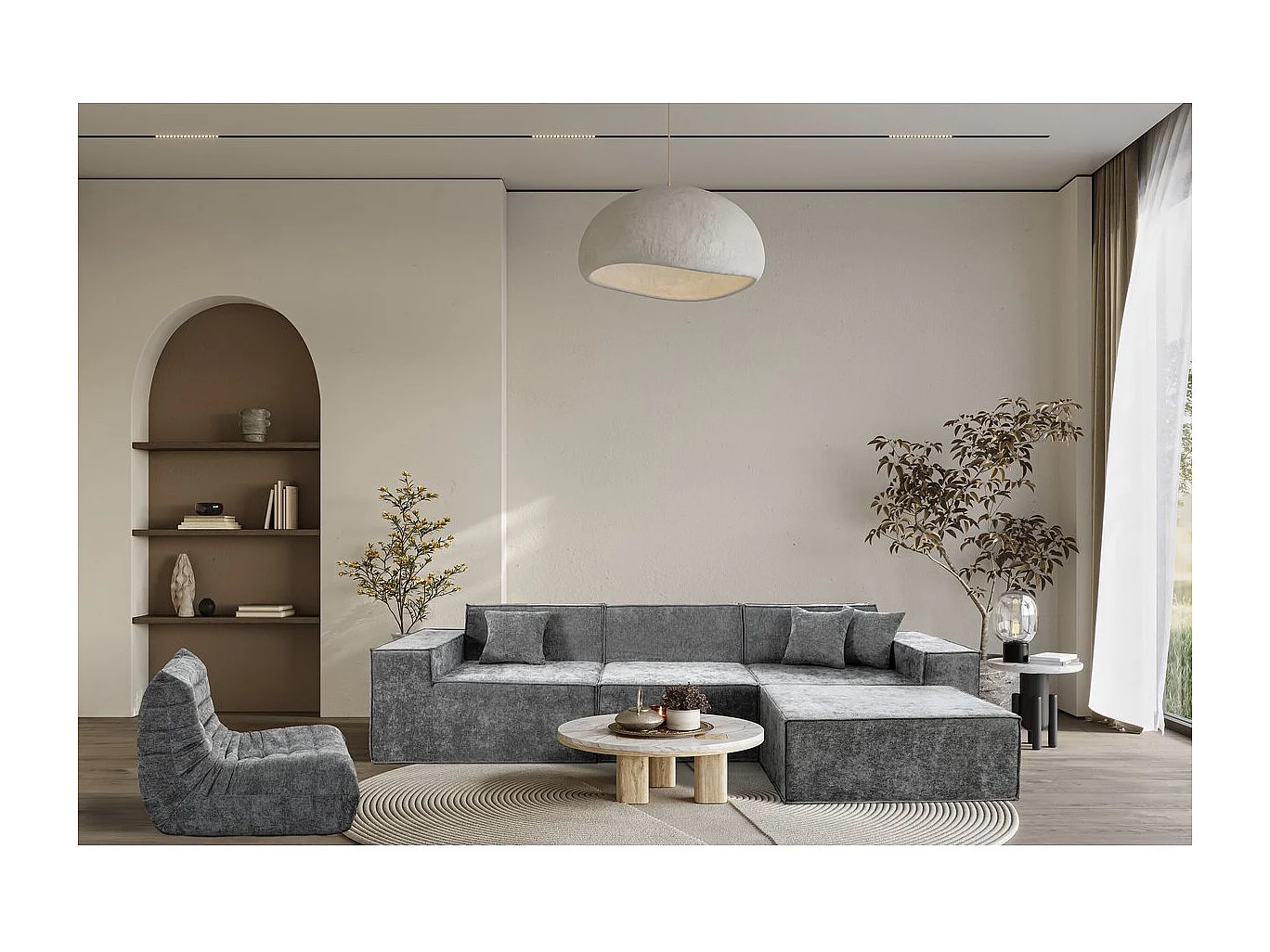 Canapé droit modulable avec ottoman en tissu texturé "Lusso" - 4 places - Gris