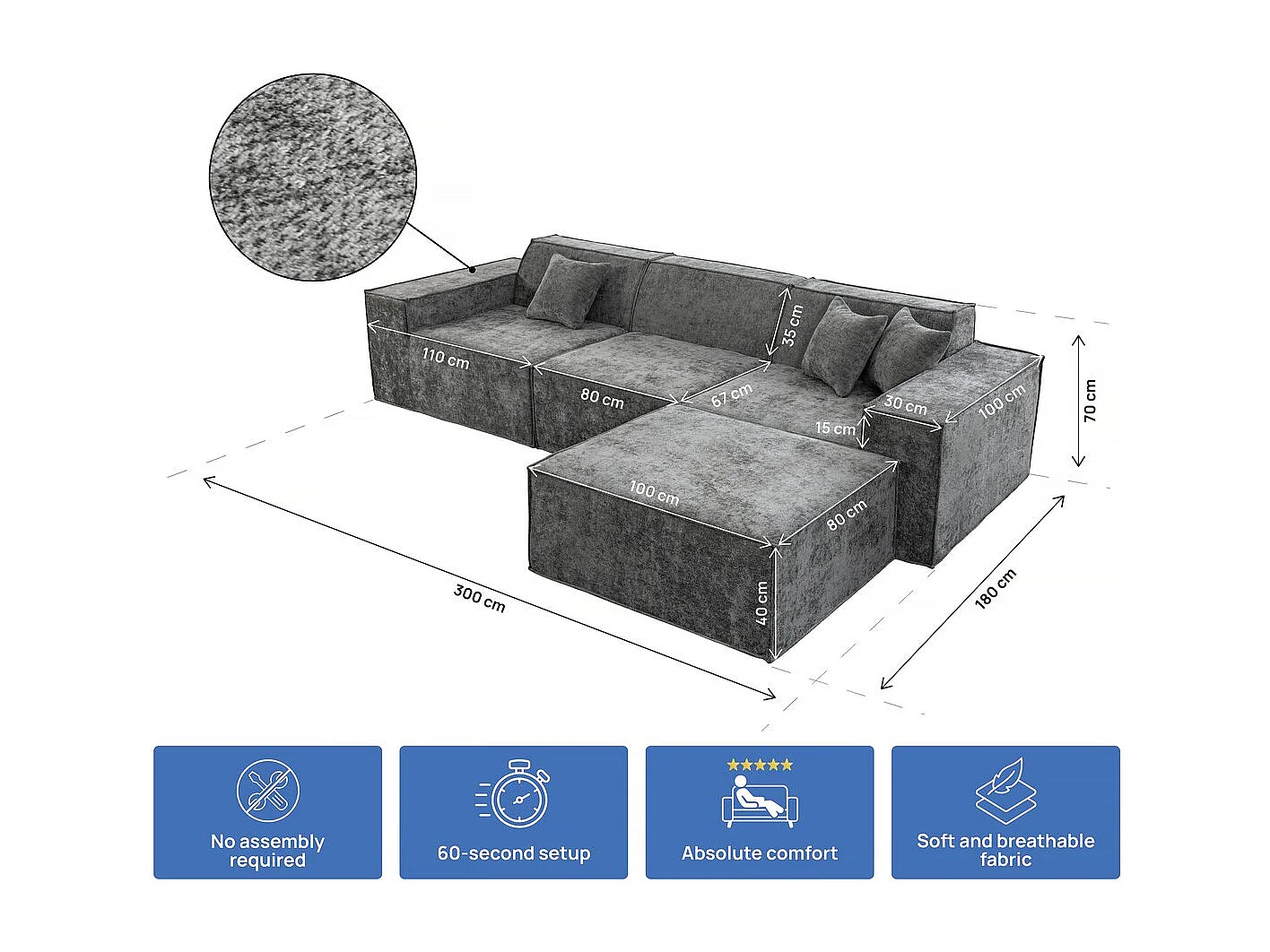Canapé droit modulable avec ottoman en tissu texturé "Lusso" - 4 places - Gris