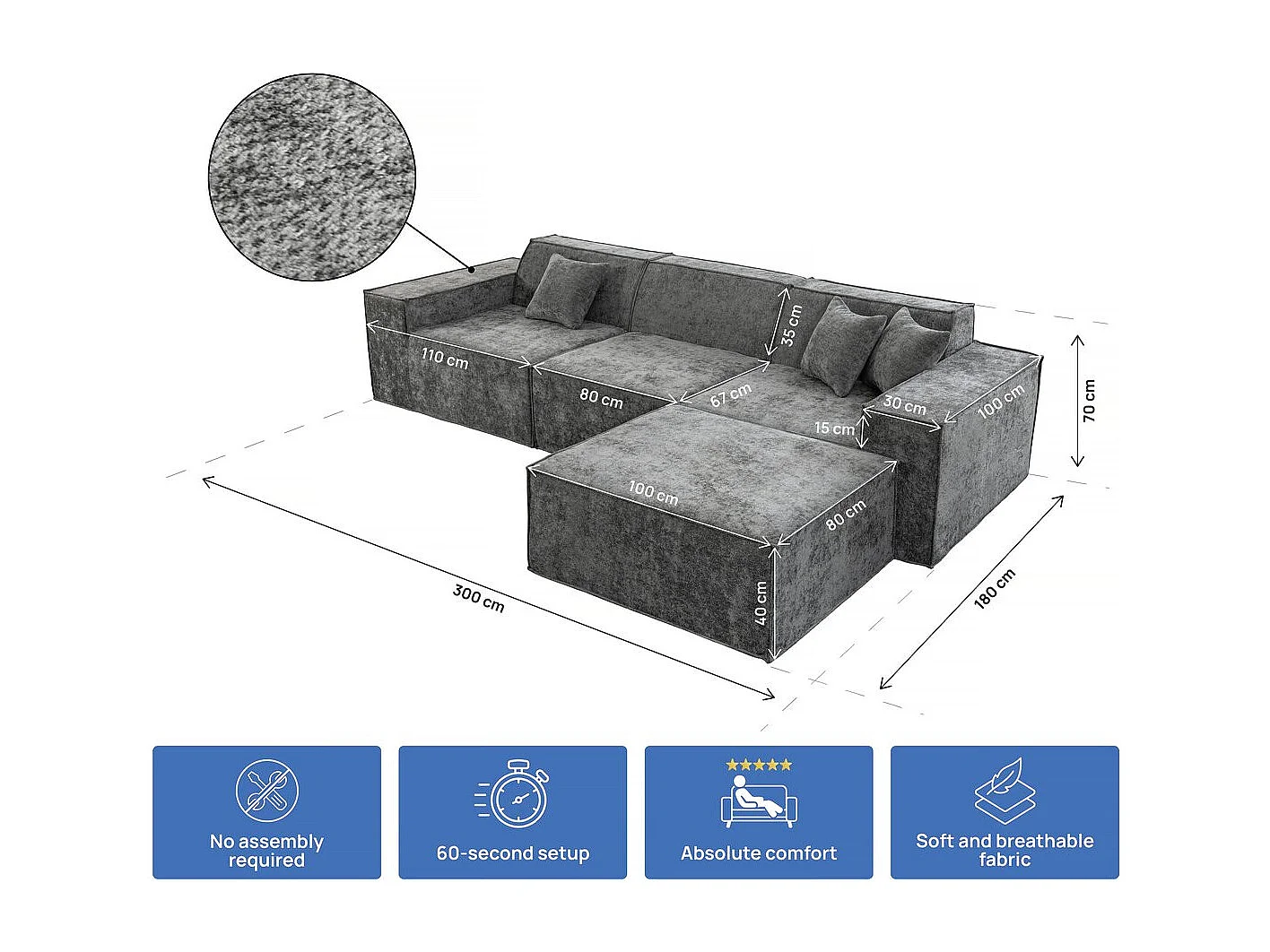 Modułowa sofa prosta z pufem w tkaninie "Lusso" o fakturze - 4-osobowa - szara
