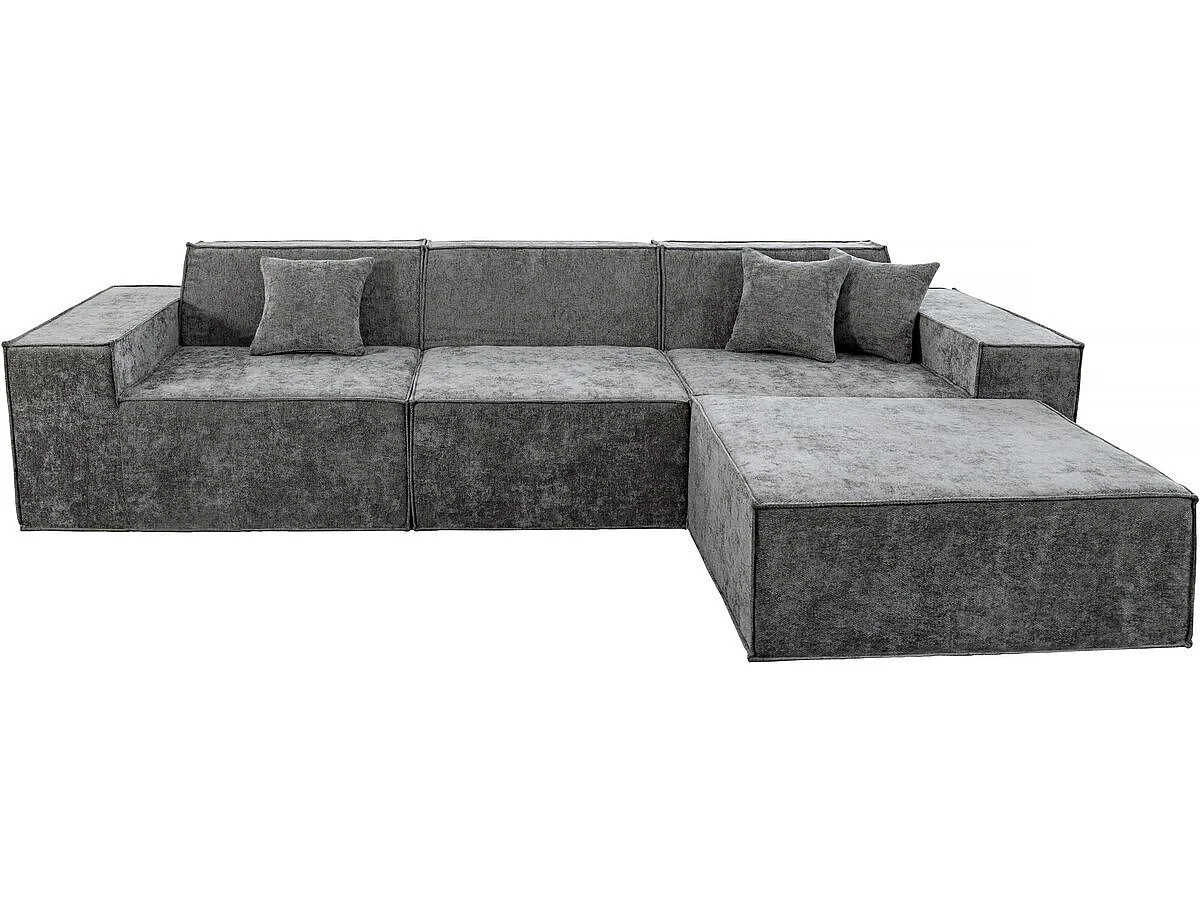 Modułowa sofa prosta z pufem w tkaninie "Lusso" o fakturze - 4-osobowa - szara