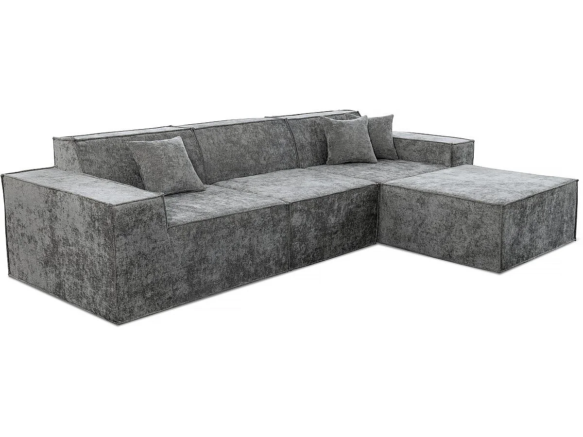 Modułowa sofa prosta z pufem w tkaninie "Lusso" o fakturze - 4-osobowa - szara