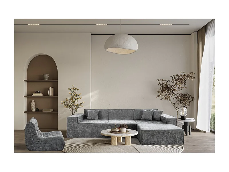 Canapé droit modulable avec ottoman en tissu texturé "Lusso" - 4 places - Gris