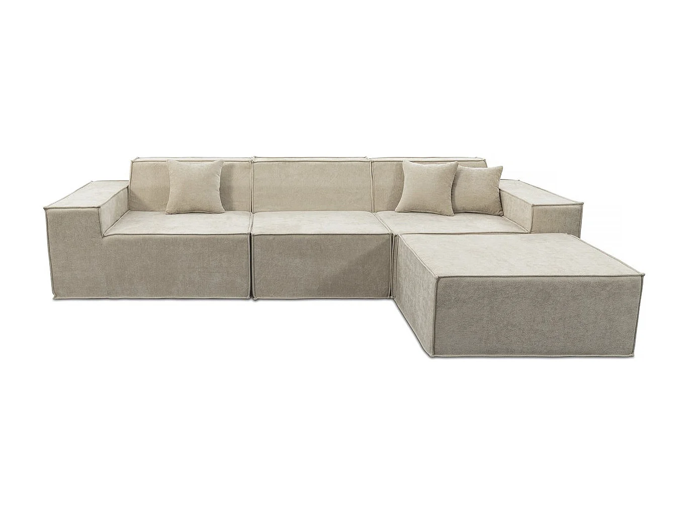 Modulair rechte bank Lusso beige 4-zits met ottomaan, gestructureerde stof 300g/m², hoogwaardig schuim 30kg/m³, modern design