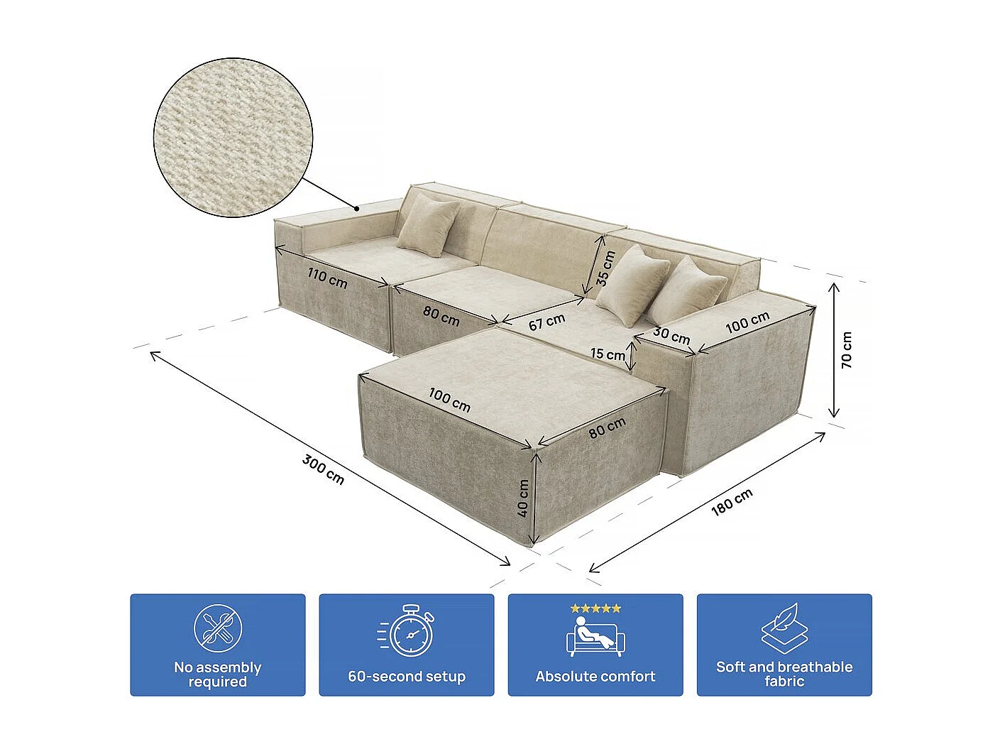 Modulair rechte bank Lusso beige 4-zits met ottomaan, gestructureerde stof 300g/m², hoogwaardig schuim 30kg/m³, modern design