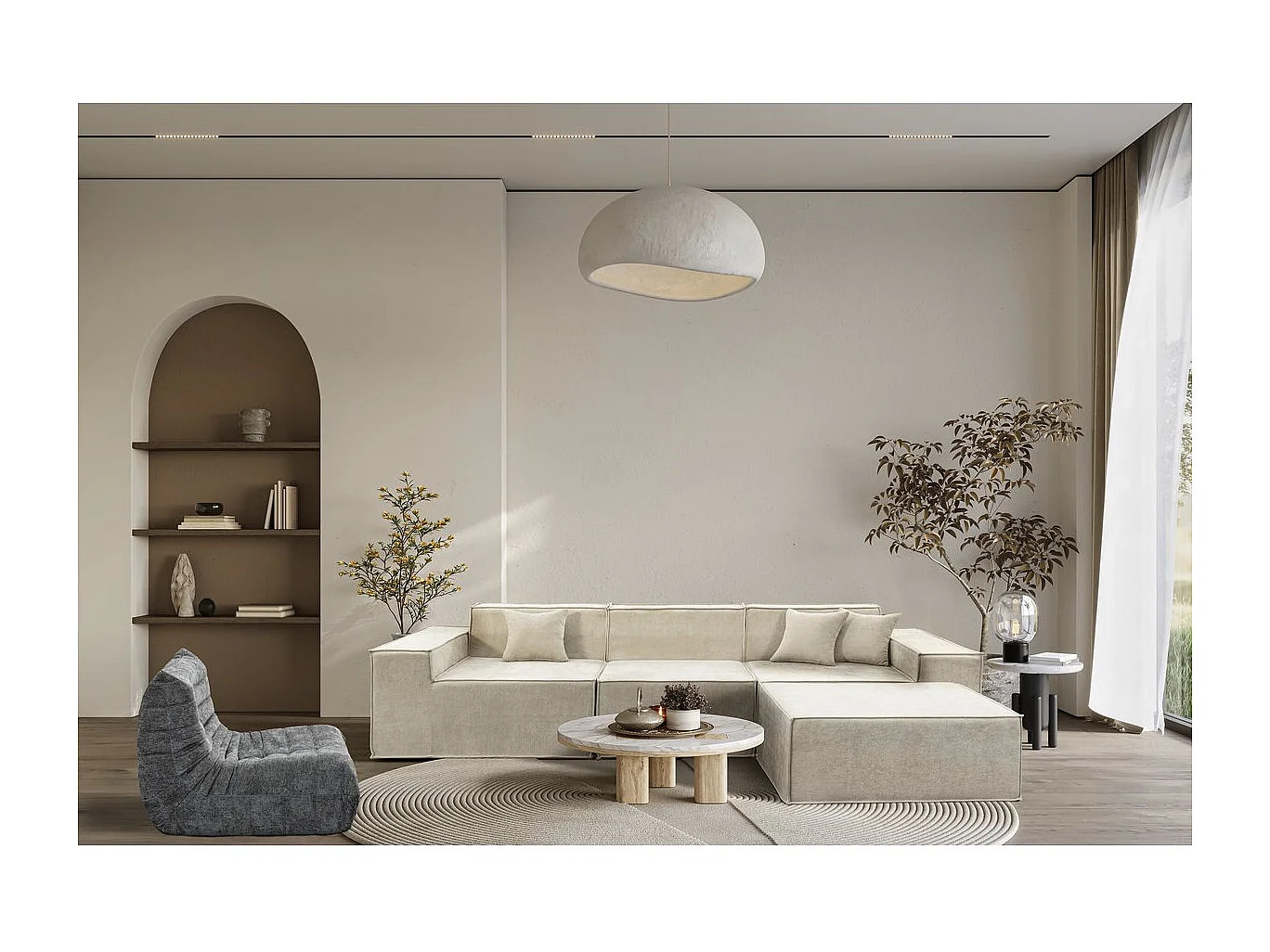 Canapé droit modulable avec ottoman en tissu texturé "Lusso" - 4 places - Beige