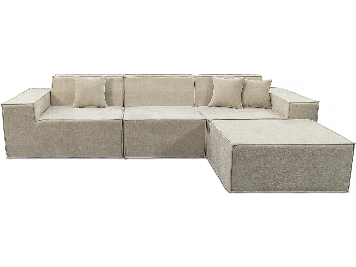 Sofá modular recto con otomana en tela texturizada "Lusso" - 4 plazas - Beige