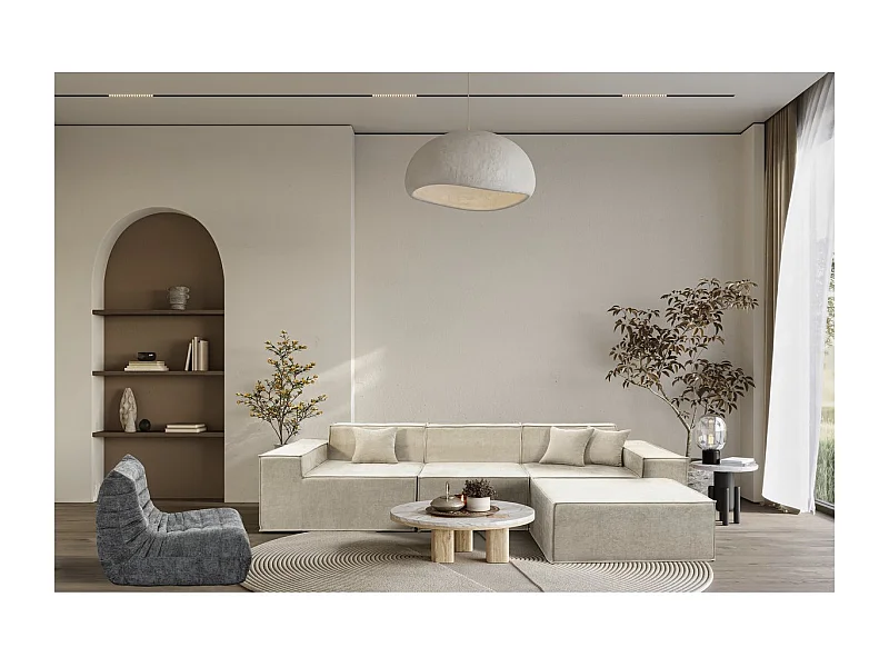 Canapé droit modulable avec ottoman en tissu texturé "Lusso" - 4 places - Beige