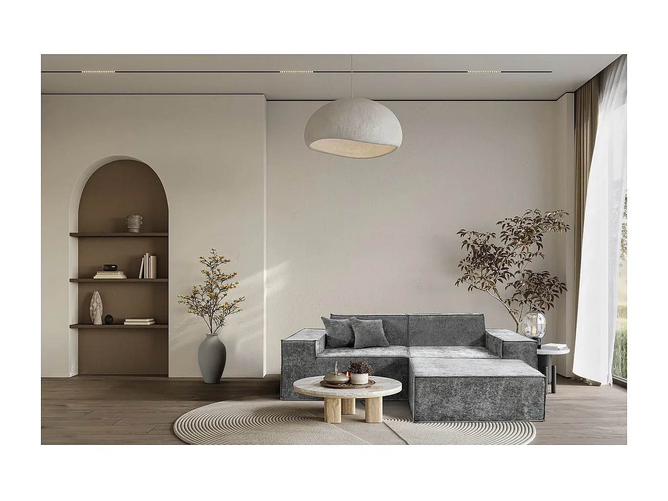 Canapé droit modulable avec ottoman en tissu texturé "Lusso" - 3 places - Gris