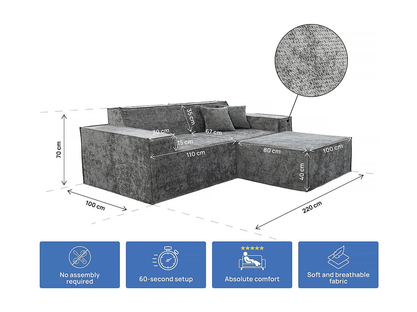 Canapé droit modulable avec ottoman en tissu texturé "Lusso" - 3 places - Gris