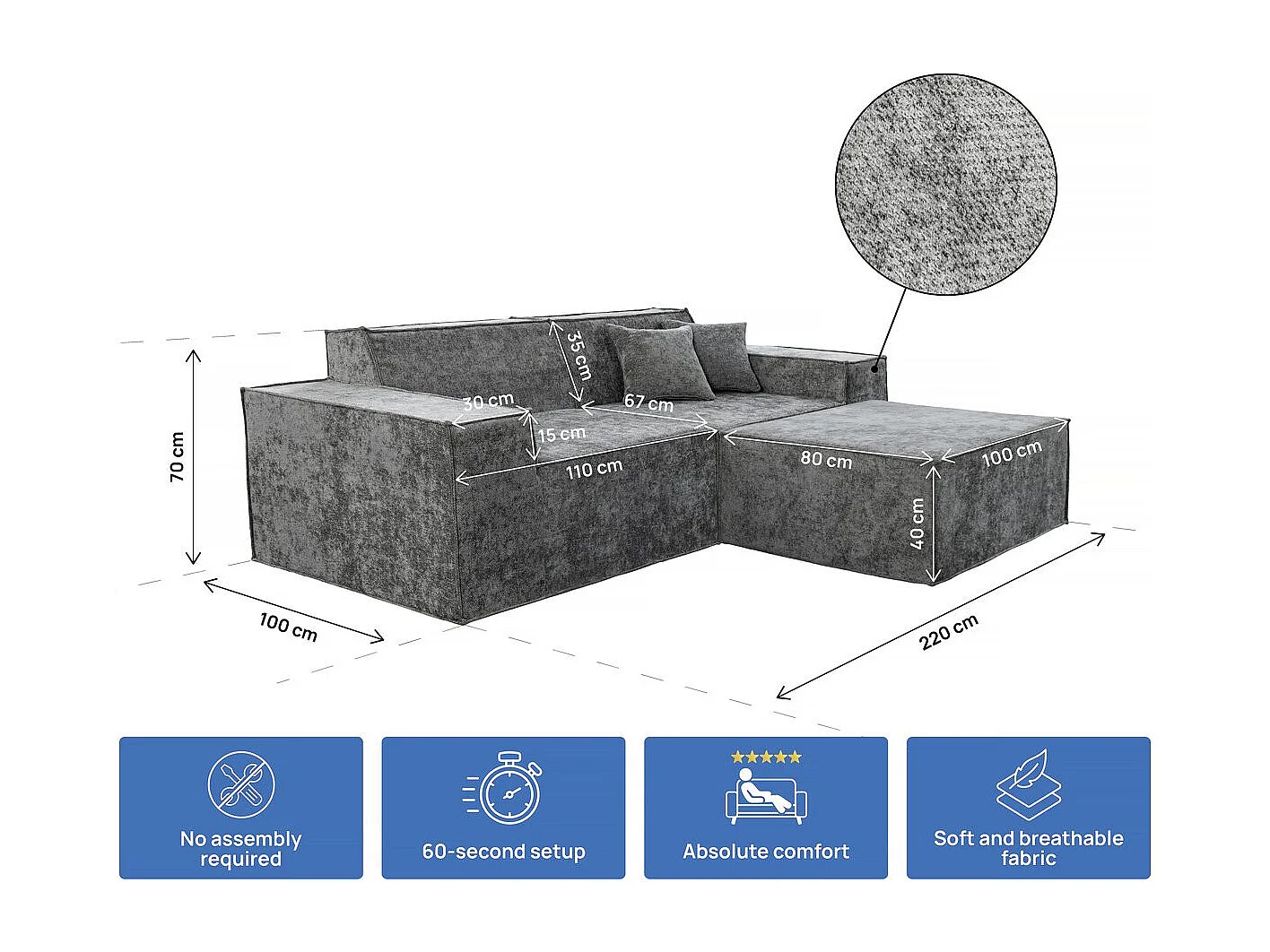 Modulaire rechte bank met voetenbank in structuurstof "Lusso" - 3-zits - Grijs