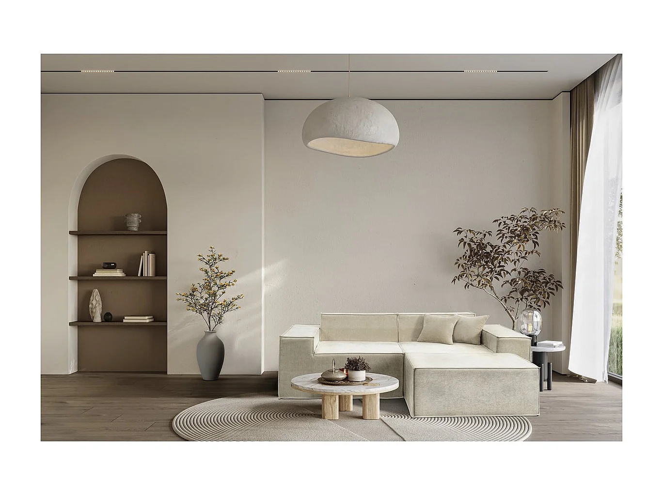 Sofá modular recto con otomana en tela texturizada "Lusso" - 3 plazas - Beige