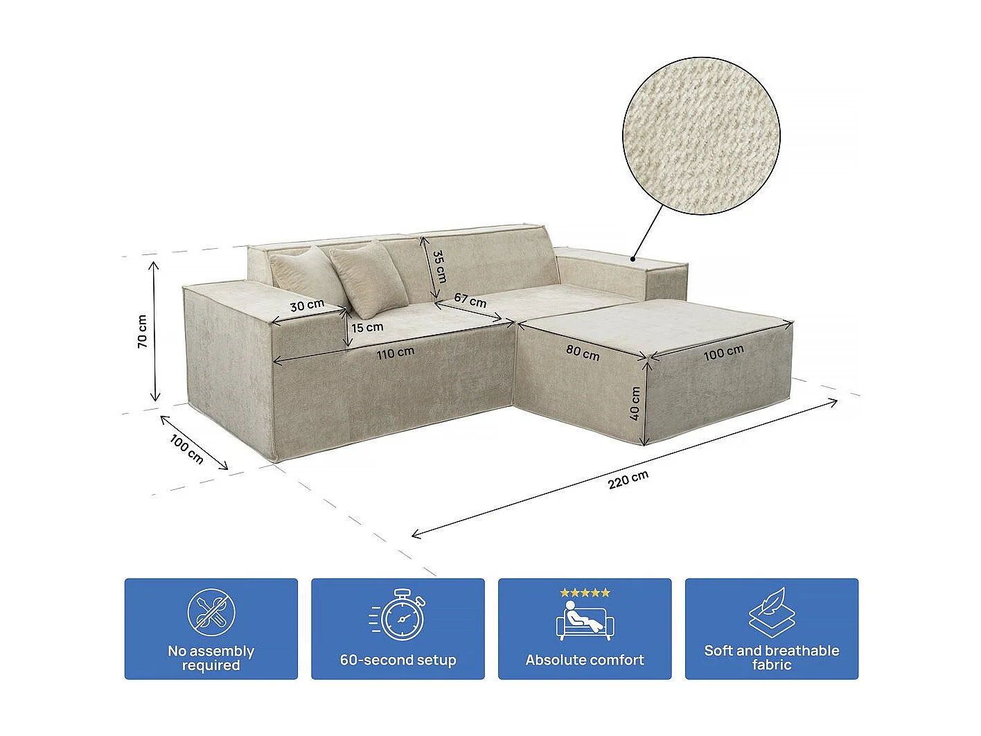 Canapé droit modulable avec ottoman en tissu texturé "Lusso" - 3 places - Beige