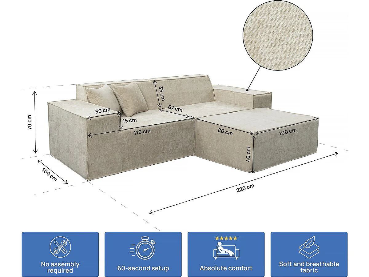 Canapé droit modulable avec ottoman en tissu texturé "Lusso" - 3 places - Beige