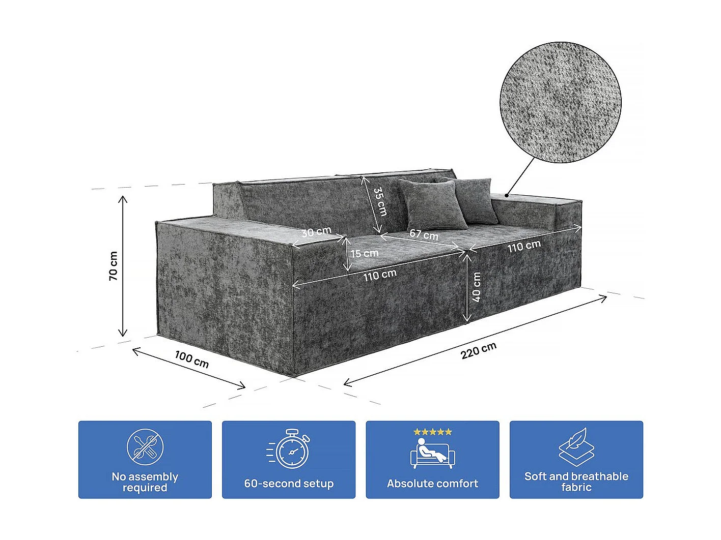 Sofá modular recto de 3 plazas en tejido texturizado "Lusso" - Gris