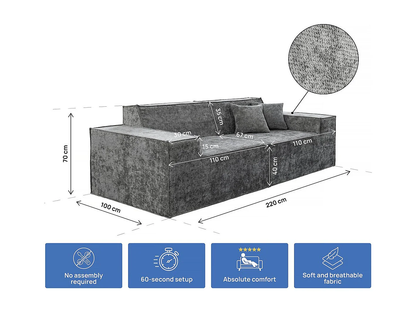 Canapé droit modulable en tissu texturé "Lusso" - 3 places - Gris