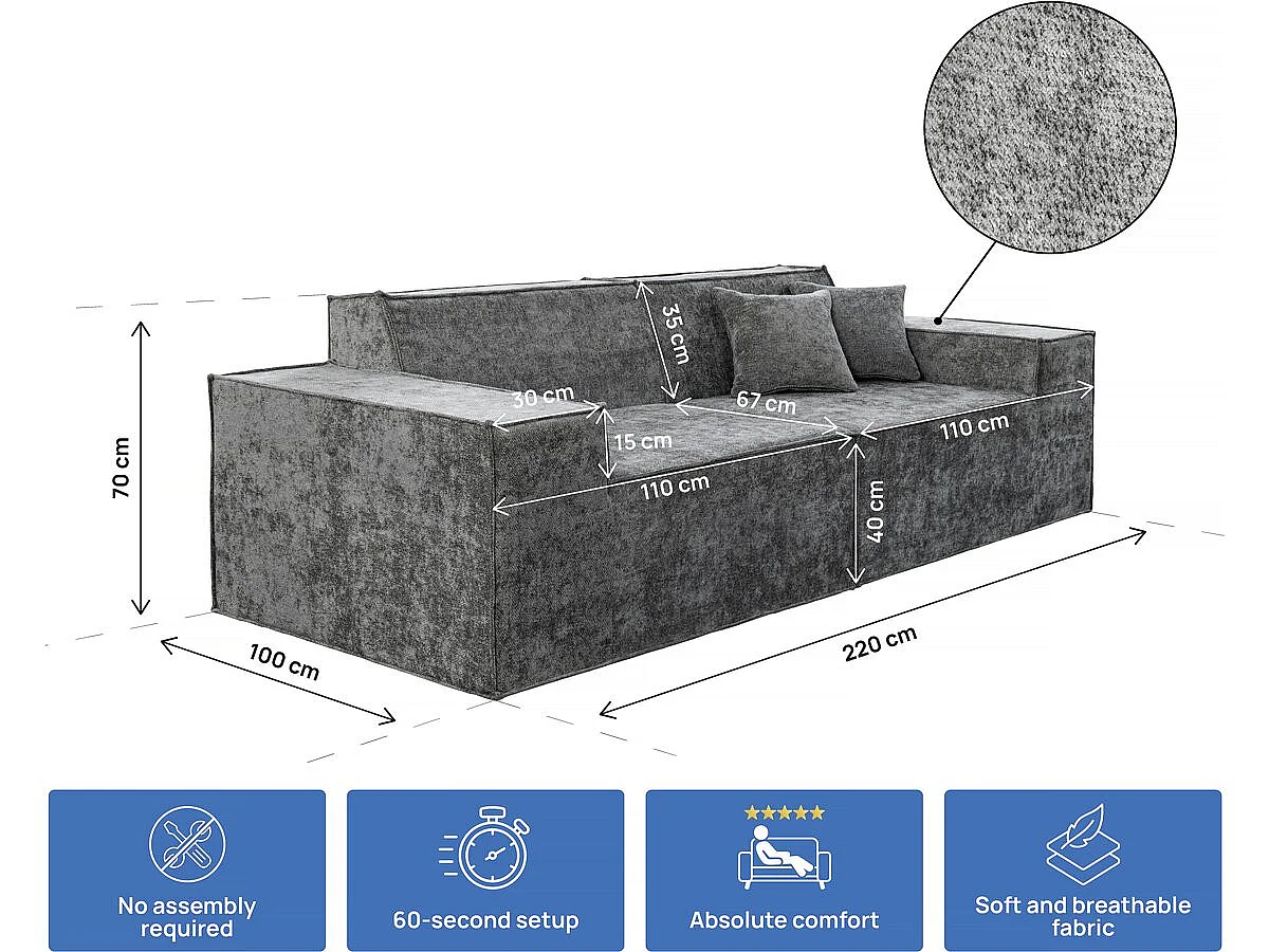 Canapé droit modulable en tissu texturé "Lusso" - 3 places - Gris
