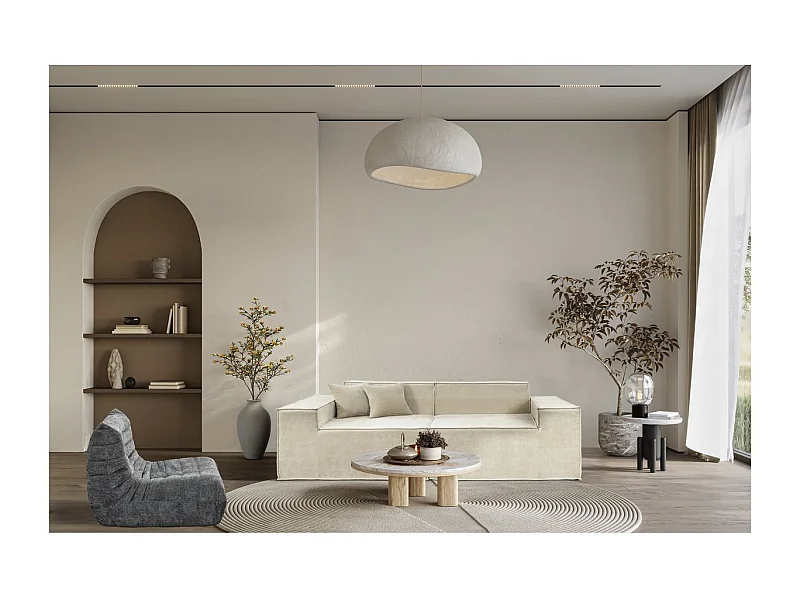 Sofá modular reto de 3 lugares Lusso bege em tecido texturizado, espuma de alta densidade, desdobramento rápido