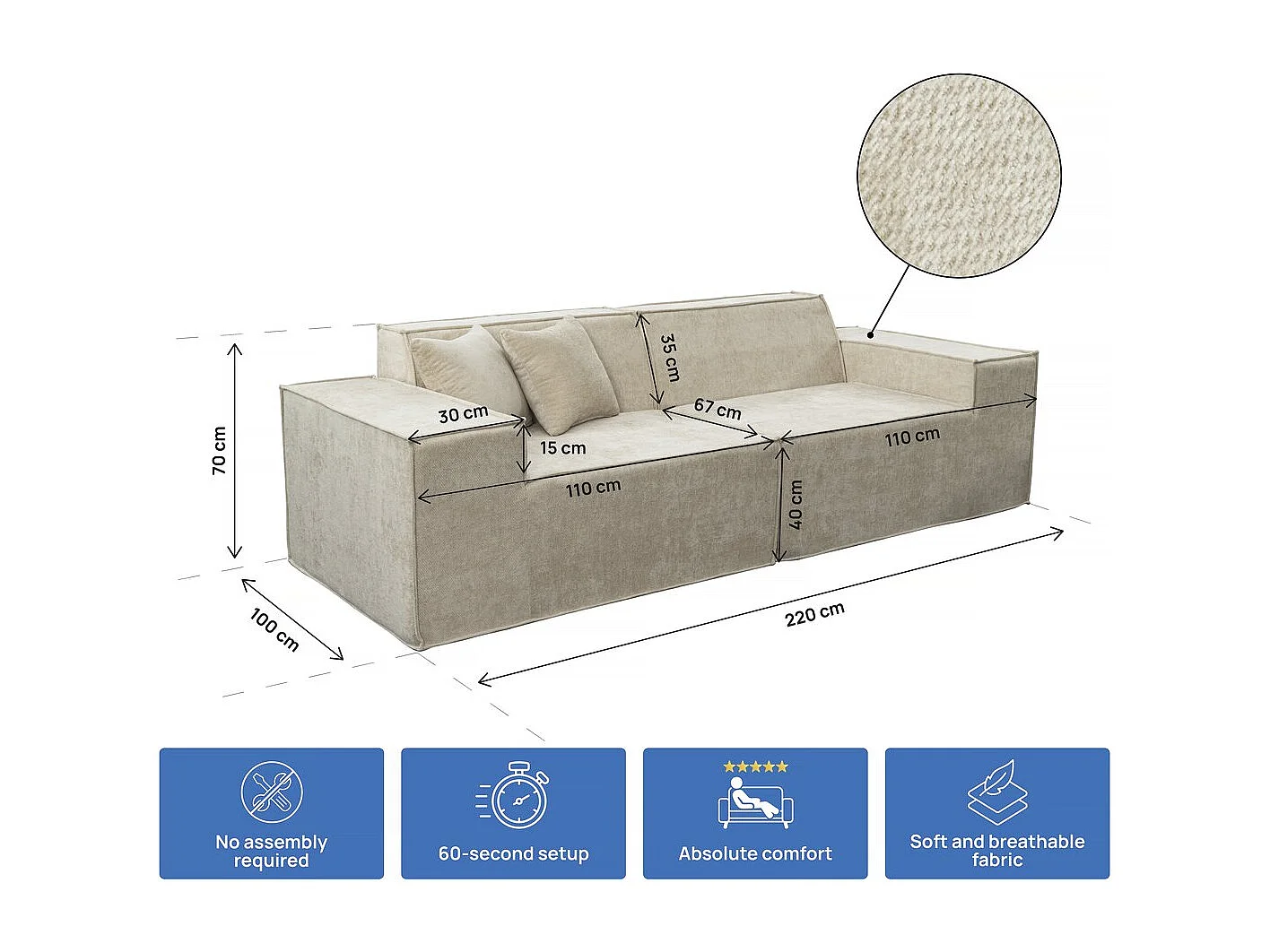Modulair recht 3-zitsbank Lusso beige in gestructureerde stof, hoogwaardig schuim, snelle uitklapfunctie