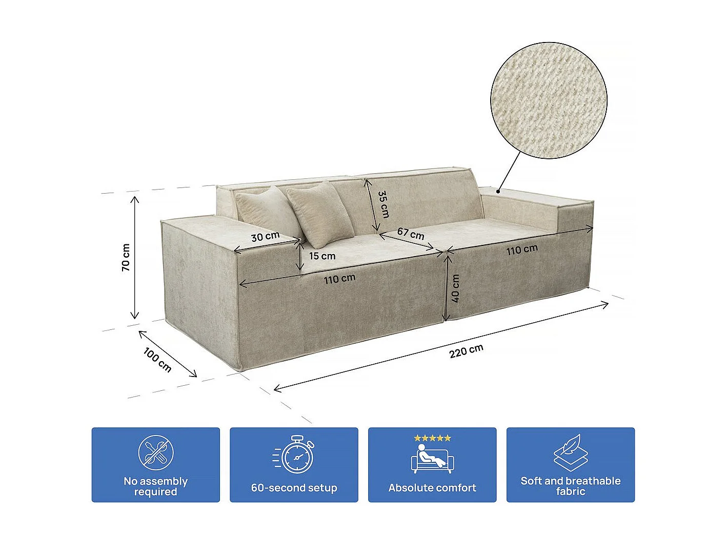 Canapé droit modulable en tissu texturé "Lusso" - 3 places - Beige