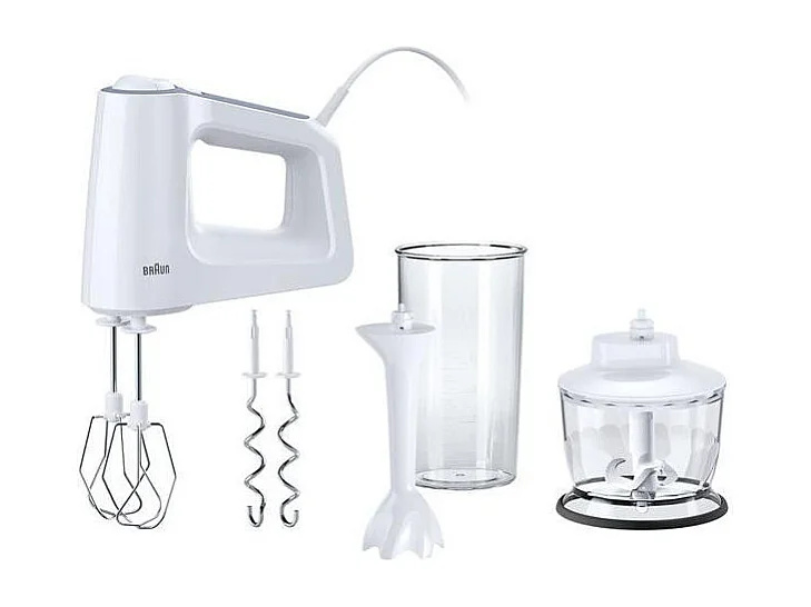Batteur Fouet Braun MultiMix 3 500W 5 Vitesses avec Pétrins, Mini Hachoir 500ml et Verre Doseur 600ml